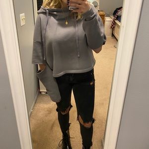Elbow Cut Out Gray Sweater with Hood
